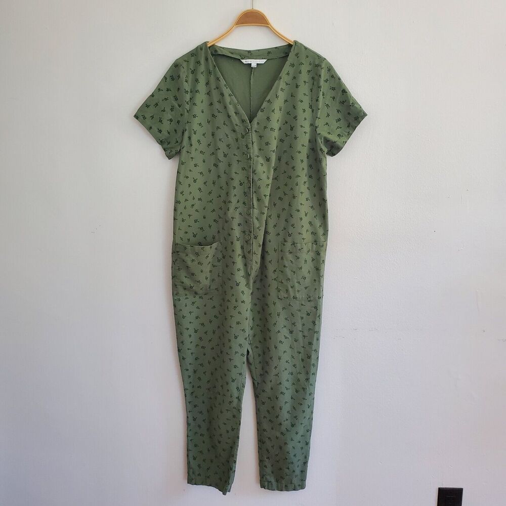 Nines By Hatch Jumpsuit Green Floral Maternity Short Sleeve Button Up